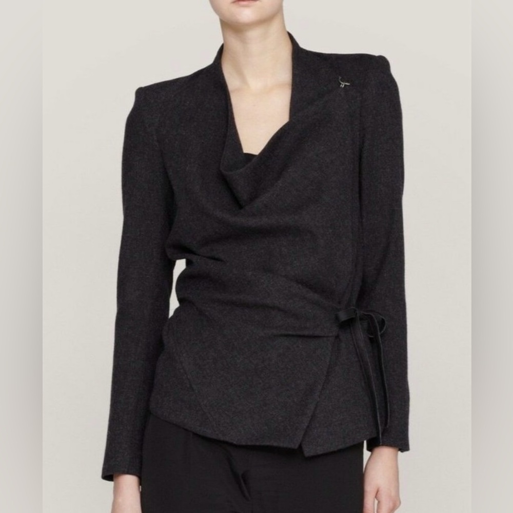 Helmut Lang Wrap Cashmere Grey Leather Belt Jacket Size 2